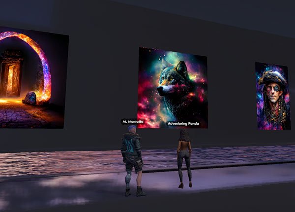 Two avatars exploring an art gallery in the metaverse, admiring vibrant NFT artworks displayed on a wall. The artwork includes a glowing archway, a cosmic wolf, and a detailed portrait, representing the digital exhibition at Cyclone Gallery.