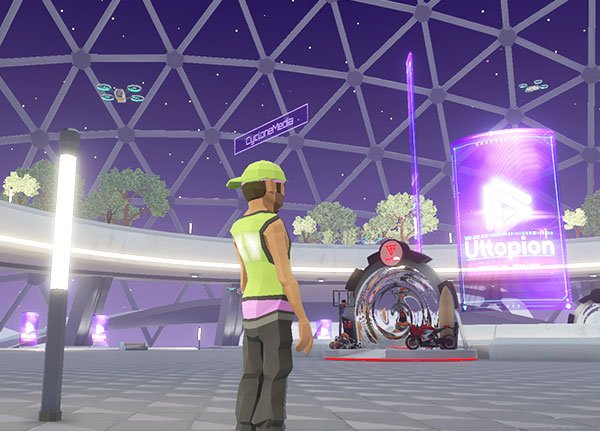 An avatar standing in a futuristic, dome-shaped metaverse space, looking towards a portal and a glowing holographic sign for 'Uttopion Metaverse'. The environment features trees and modern architectural elements under a starry sky, representing the digital exhibition area at Cyclone Gallery.