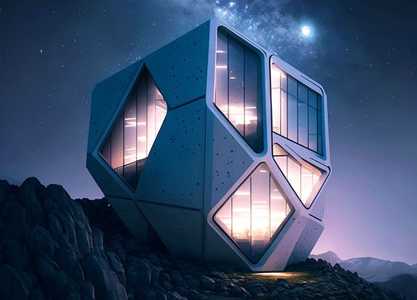 A futuristic, geometric building illuminated from within, set against a mountainous landscape under a starry night sky. The structure, with its large, angular windows and modern design, exudes an ethereal glow, highlighting its presence in the metaverse as part of the Cyclone Gallery.