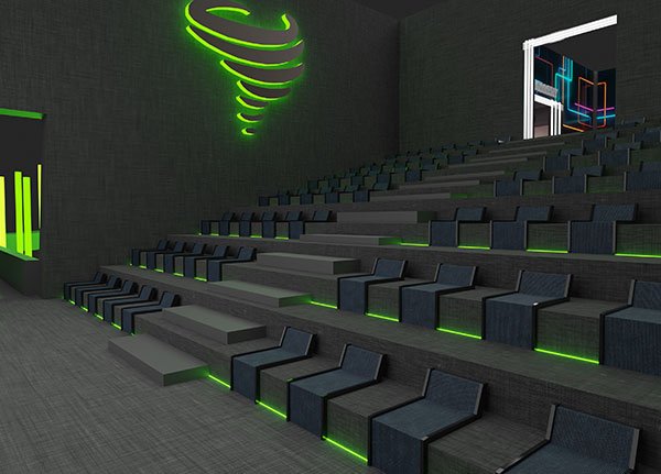 A modern, tiered seating area within the metaverse, featuring rows of seats with green LED lighting accents. A neon cyclone logo is illuminated on the wall, adding a futuristic touch to the venue at Cyclone Gallery. The space is designed for presentations or events, providing a sleek and immersive environment.