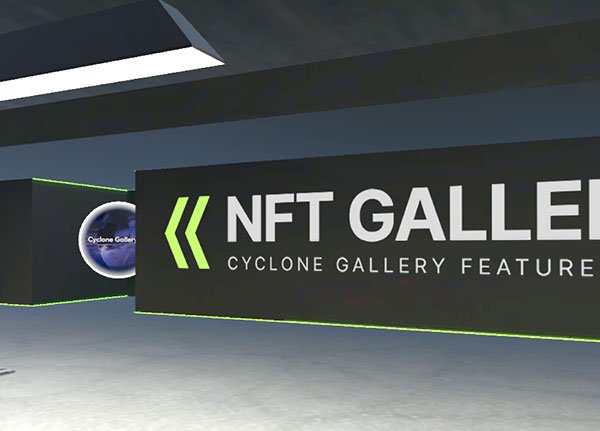 A digital corridor in the metaverse featuring signage for 'NFT Gallery' with the text 'Cyclone Gallery Featured' below it. The modern design is accentuated by green LED lighting and a circular logo for Cyclone Gallery in the background, guiding visitors to the NFT exhibition area.