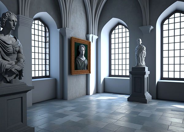 A serene gallery room in the metaverse, styled with classical architecture featuring arched windows and high ceilings. The room displays elegant statues on pedestals and a framed portrait on the wall, bathed in natural light streaming through the windows. This sophisticated space is part of the Cyclone Gallery.