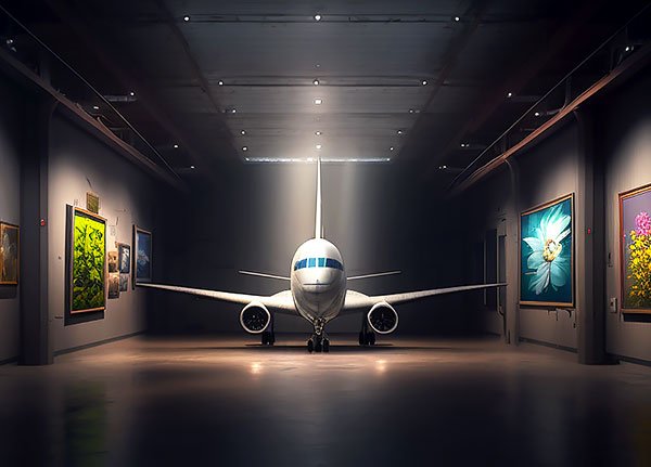 An art gallery in the metaverse featuring a striking display of a full-size airplane centered in the room. The gallery walls are adorned with vibrant paintings, creating a unique juxtaposition of technology and art in the Cyclone Gallery. The lighting highlights both the aircraft and the surrounding artworks, enhancing the immersive experience.